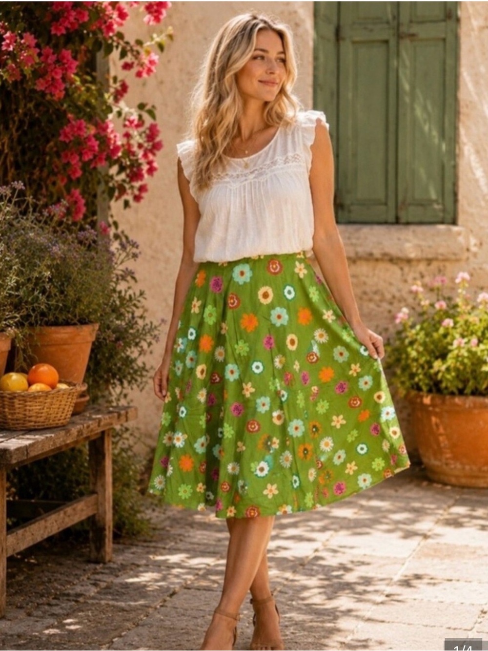 New Tulip B Vintage Green Floral Midi Skirt